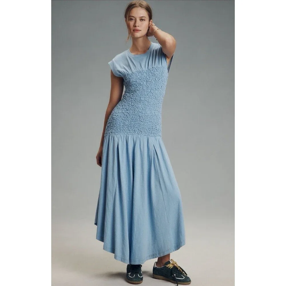 Anthropologie Daily Practice Midi Dress Blue Deep End Smocked Vacay Medium NWT - Picture 3 of 10